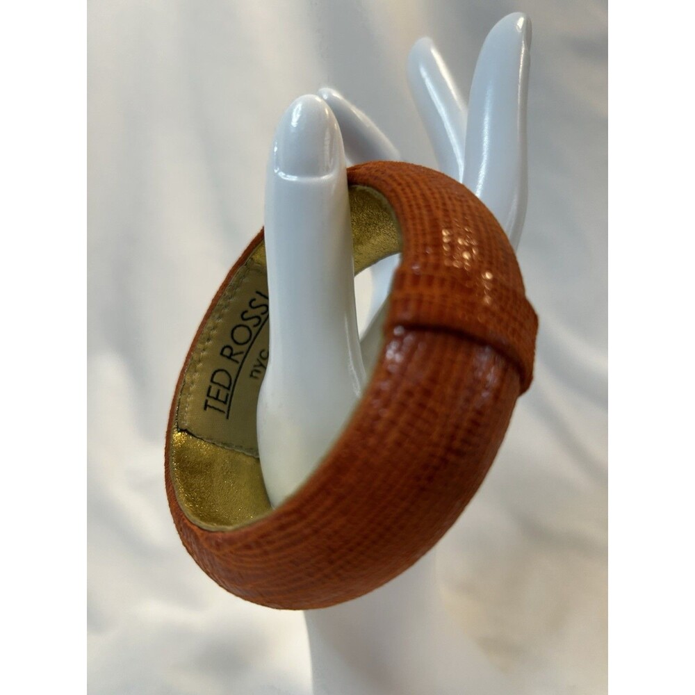 Vintage 1980s Ted Rossi NYC Coral Snakeskin Bangle Bracelet Gold Leather Inside